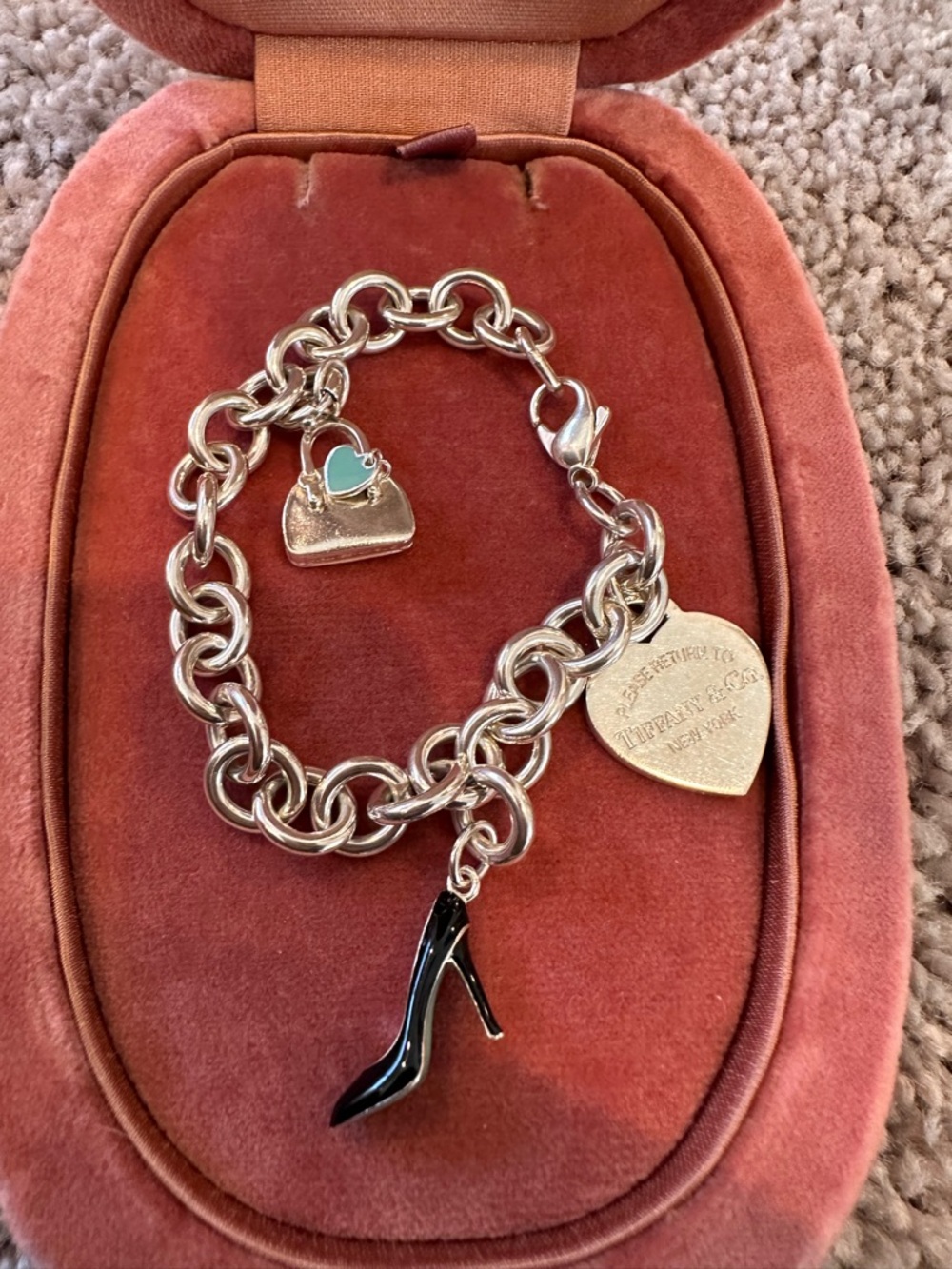 Tiffany & Co. Silver Charm Bracelet, Stiletto Shoe and Handbag